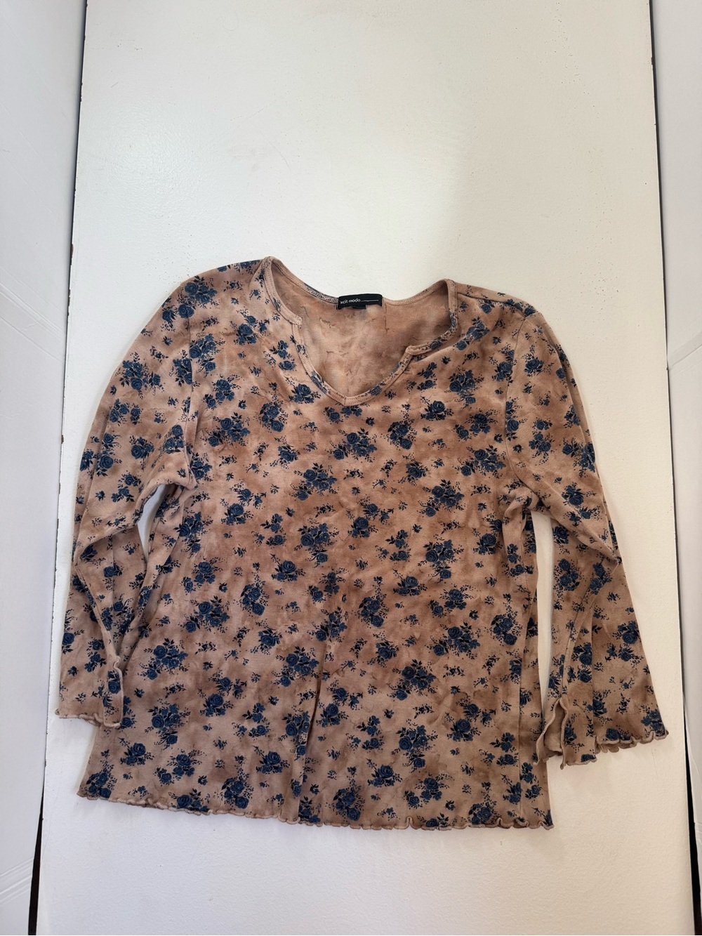 Y2K brown and blue floral top lettuce-edge trim size medium